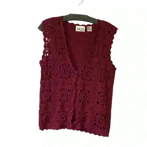 Joule Energy Maroon/ Red Crochet Lace Grannycore Vest Sweater Size O/S